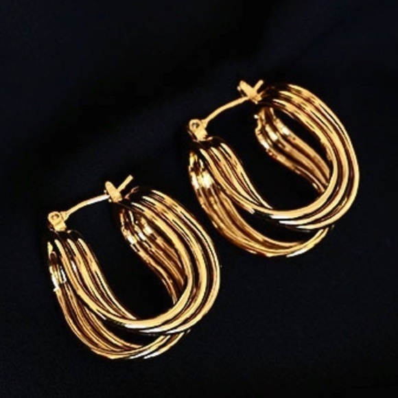 U-Shaped Multi Dimensional Twisted Gold Hoop Earrings Saddleback Closure - Picture 2 of 3